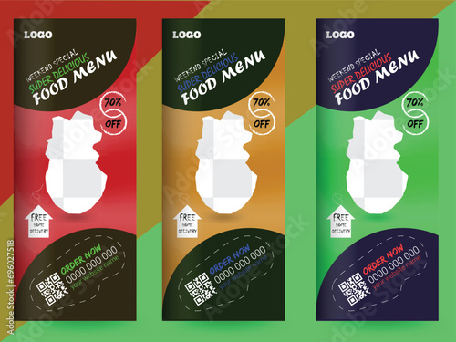 Modern food rollup banner design for restaurant. Vertical, roll-up template, food roll up banner design template, Editable text