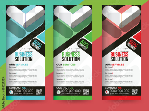 Roll up banner design for business events, presentations and for marketing in print ready blue, orange, red, green, purple colors