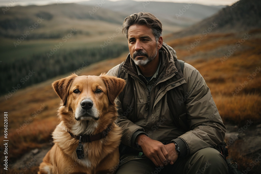 Portrait of a man and his faithful dog in the wilderness, Friendship between man and dog
