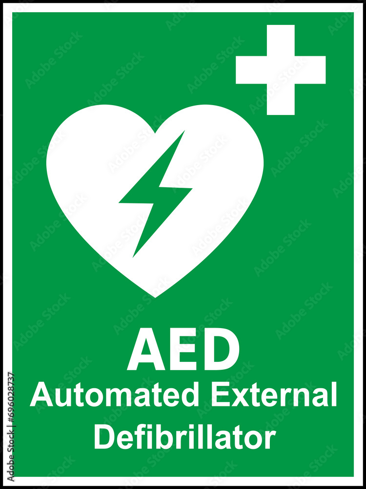 Green and white vector graphic of a CPR/AED indicating a defibrillator ...