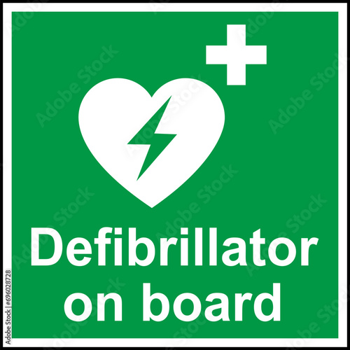 Green and white vector graphic of a CPR/AED indicating a defibrillator device located close by