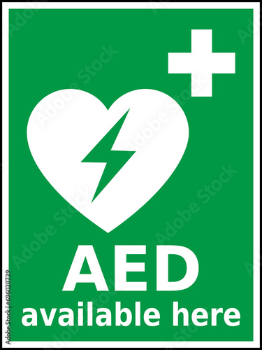 Green and white vector graphic of a CPR/AED indicating a defibrillator device located close by
