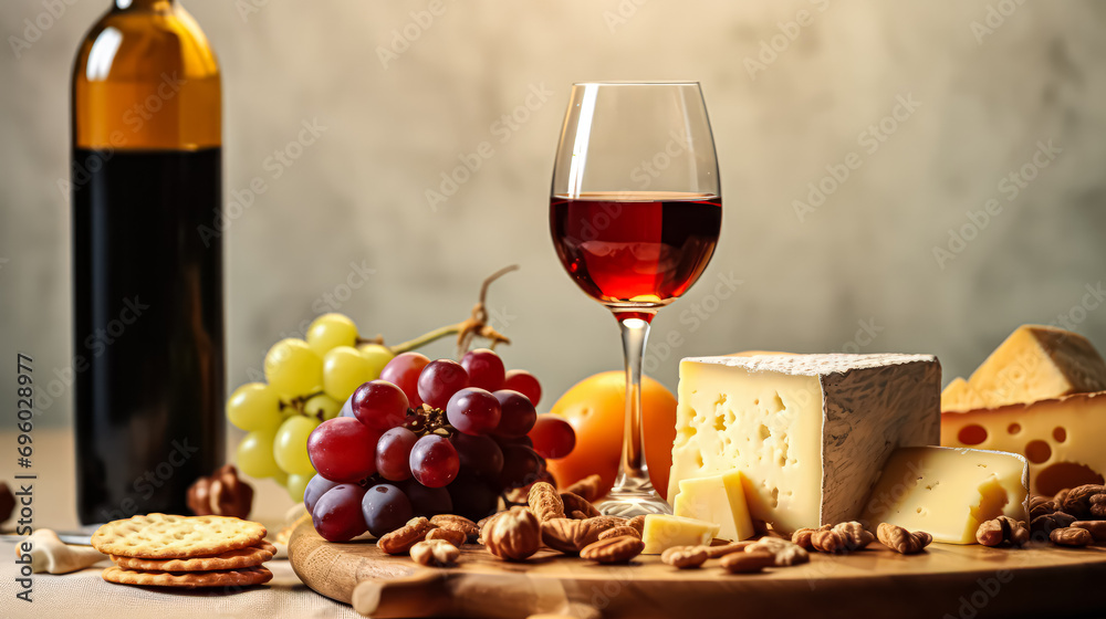 A glass of wine, complemented by cheese and grapes