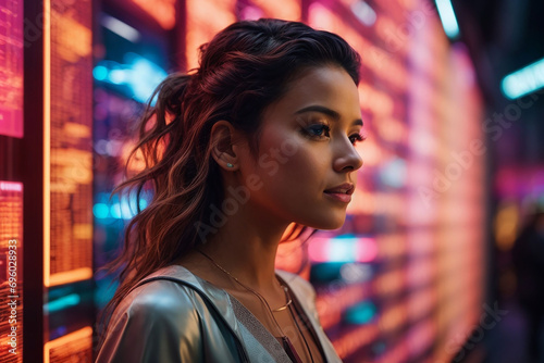 Portrait of a woman, A woman interacts with a futuristic information was filled with colorful lights and dynamic displays