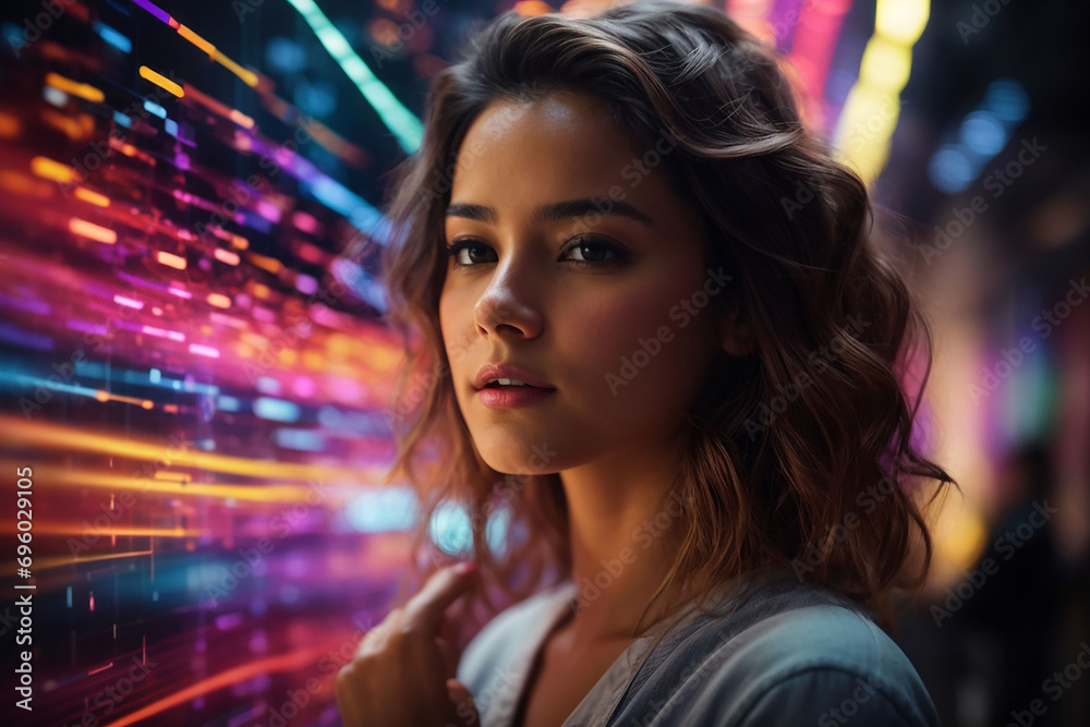 Portrait of a woman, A woman interacts with a futuristic information was filled with colorful lights and dynamic displays Portrait of a woman, A woman interacts with a futuristic information was filled with colorful lights and dynamic displays