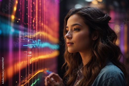 Portrait of a woman, A woman interacts with a futuristic information was filled with colorful lights and dynamic displays