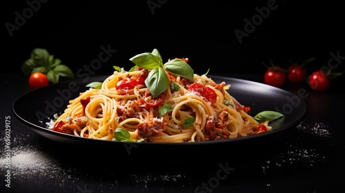 A black plate with a graphite background features pasta with bolognese sauce, fresh basil, and tomatoes and is viewed horizontally from the top.