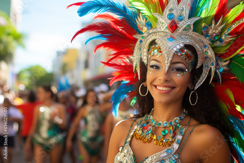 Beautiful woman in costume celebrating carnival day. Party of Colours. Brazilian Carnival 
