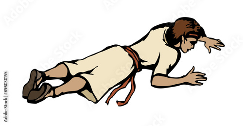 An exhausted person lies on the ground. Vector drawing