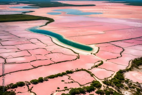 aerial view of pink salt lakes along the coast at ria largatos natural park, rio lagartos, yucatan, mexico. photo