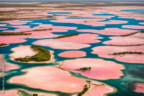aerial view of pink salt lakes along the coast at ria largatos natural park, rio lagartos, yucatan, mexico. photo