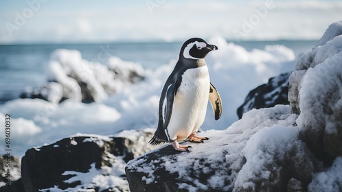 A shot that is selectively focused on a penguin standing on a rock