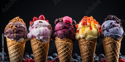 An assortment of frozen dessert flavors in cones, including blueberry, strawberry, pistachio, almond, orange, and cherry