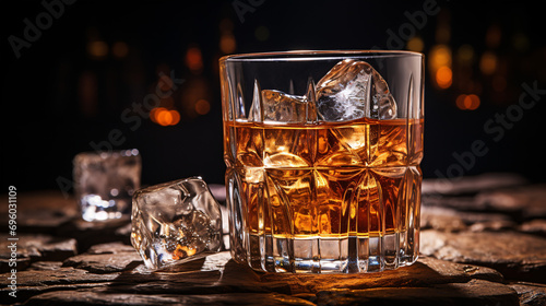 A close-up of a whisky-filled glass with ice cubes.