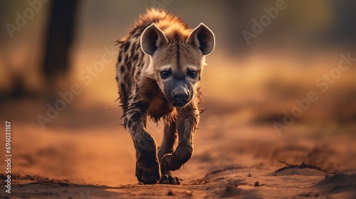 A spotted hyena walking on a dirt road is captured in a shallow focus shot with a blurry background.