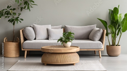 Wooden table with indoor plant and basket by grey couch in lounge. © ckybe