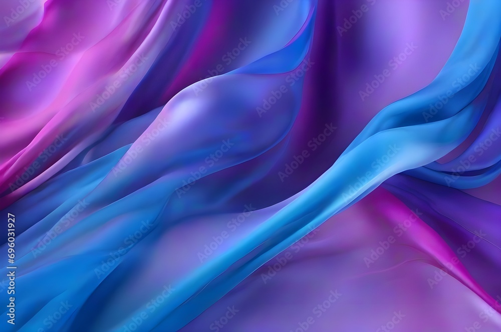 Fototapeta premium Abstract background of smooth flowing silk with soft wave of raspberry & shades of blue colors