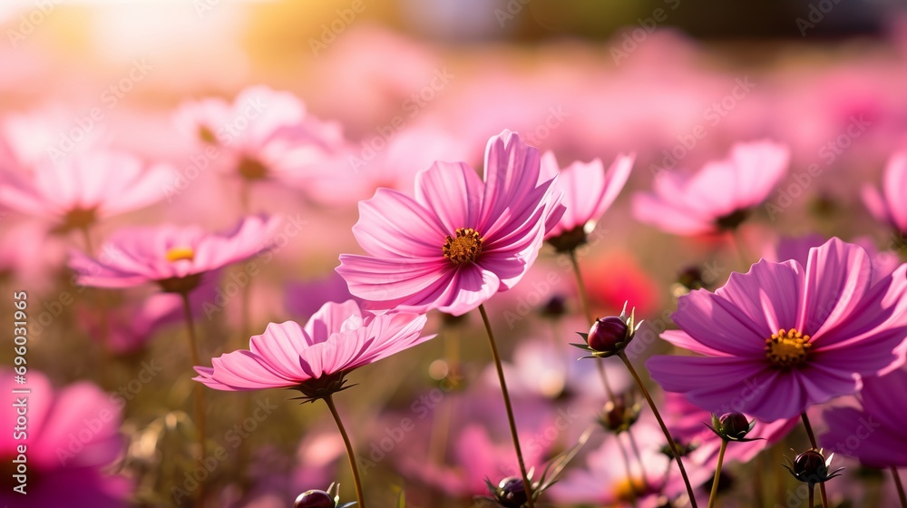 Pink flowers can be seen in the foreground. Pink flowers can be seen in the foreground.