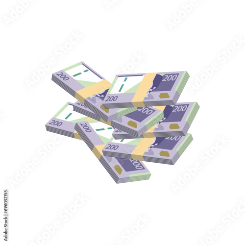 Grandes fajos de billetes de 200 soles caen. Ilustración vectorial de 100 soles peruanos. Nuevos billetes de 200 soles peruanos. Dibujo isométrico.
