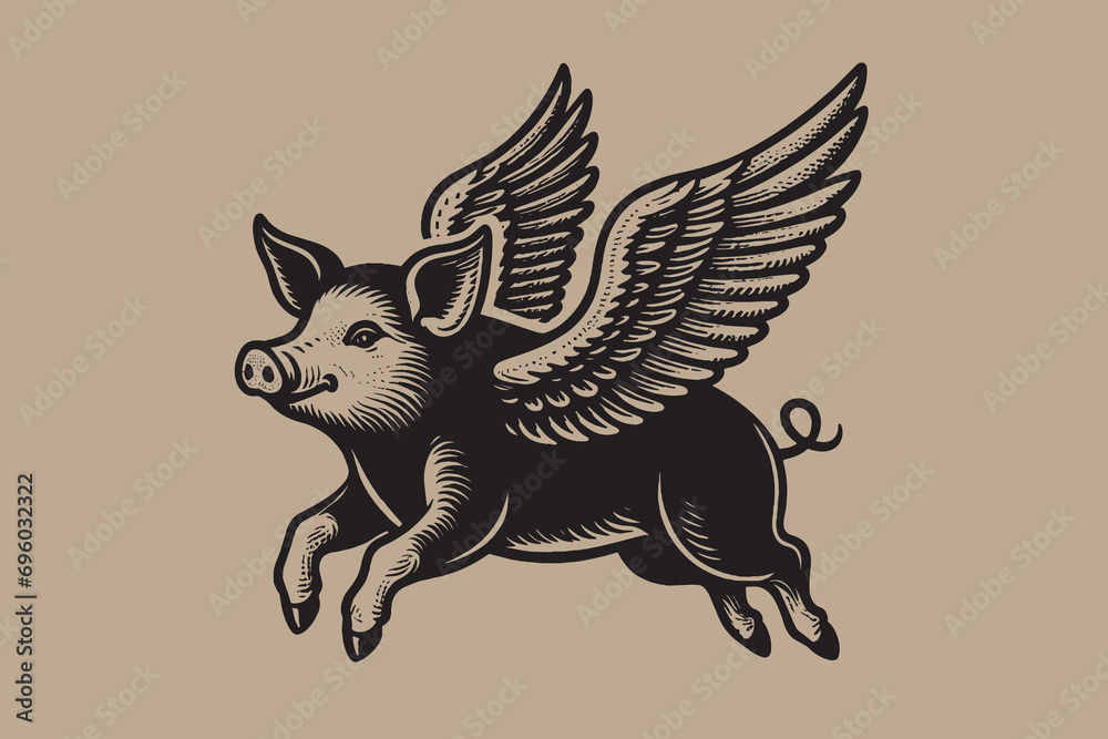 Fototapeta premium Flying pig with wings. Vintage retro engraving illustration. Black icon, isolated element. Art vector illustration