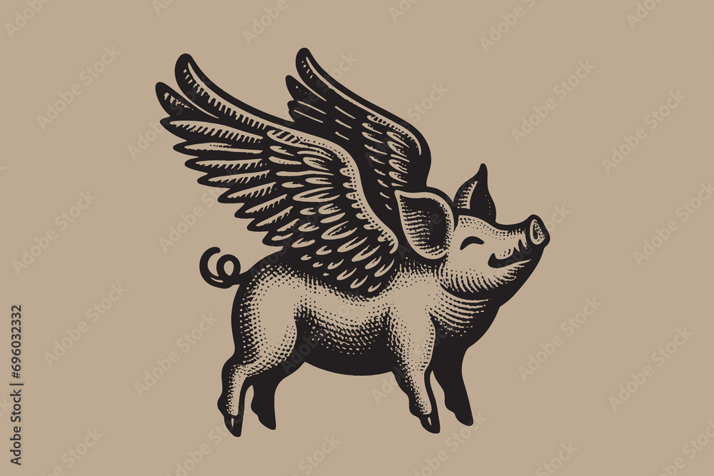 Flying pig with wings. Vintage retro engraving illustration. Black icon, isolated element - obrazy, fototapety, plakaty 