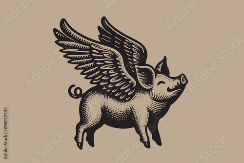 Flying pig with wings. Vintage retro engraving illustration. Black icon, isolated element photo