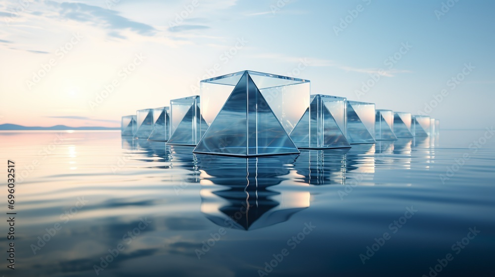 Fondo de formas geométricas de vidrios con reflejos. Ilustración 3d. Generado por IA. - obrazy, fototapety, plakaty 