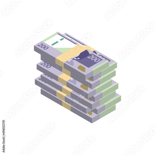 Grandes fajos de billetes de 200 soles apilados en filas. Ilustración vectorial de 200 soles peruanos. Nuevos billetes de 200 soles peruanos. Dibujo isométrico.