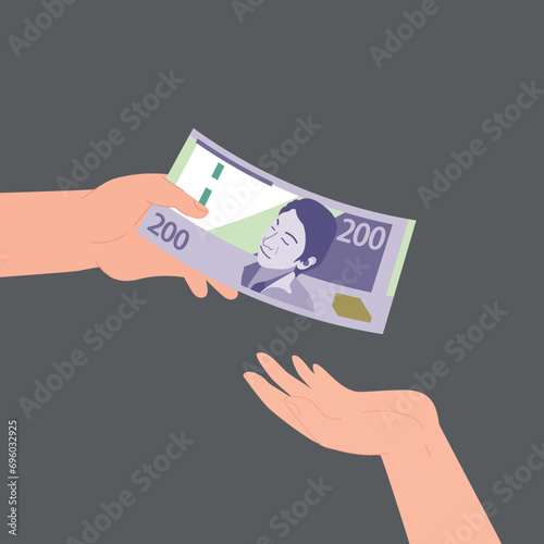 Mano Recibiendo dinero de Otra Mano. Nuevos 200 soles peruanos. Recibir Dinero. Pedir Prestado Dinero a un Amigo, Deuda y Préstamo, Pago de Incentivos o Bonificaciones, Concepto de Crédito o Préstamo.