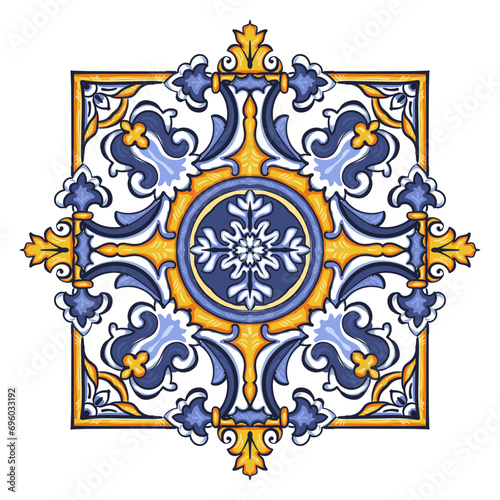 Azulejos - Portuguese Dutch and oriental tile in shades of blue and yellow colors pattern. Baroque Vector mosaic. Rococo ornament. Traditional GOA tribal ornament. Capri Maiolica