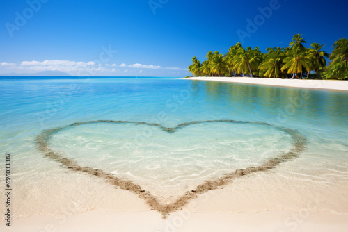 Tropical Paradise with Heart-Shaped Waves and Swinging Palm Trees