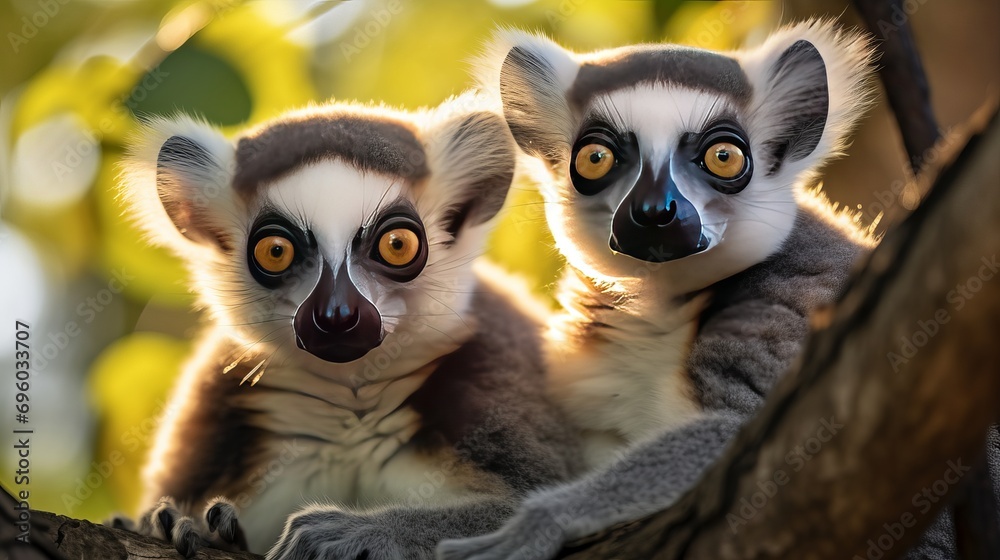 Obraz premium A park scene shows cute ringtailed lemurs playing on a tree