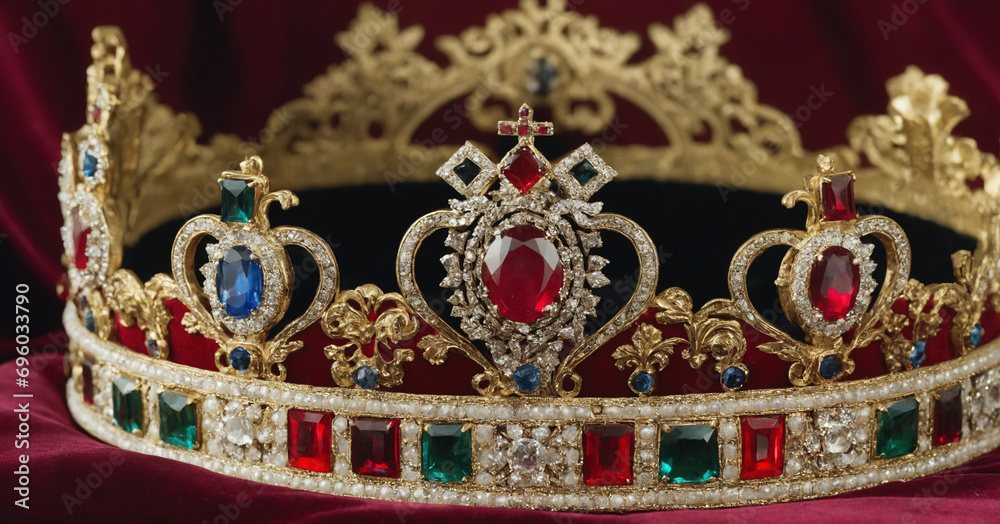 A regal coronation scene with a king's crown isolated on a black background, symbolizing royalty, monarchy, and the grandeur of a ceremonial event. A regal coronation scene with a king's crown isolated on a black background, symbolizing royalty, monarchy, and the grandeur of a ceremonial event.