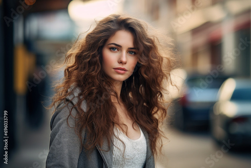 Fashion, leisure, make-up, hairstyle and lifestyle concept. Beautiful young woman outdoors urban street portrait. Gorgeous model looking at camera