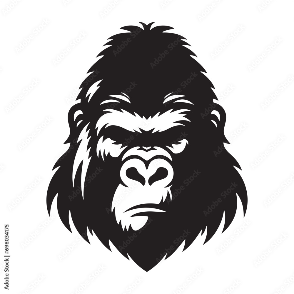 Gorilla Silhouette: Ape Shadows in Monochrome Majesty, Nature's Powerful Ballet Unveiled in Black and White - Minimallest black vector gorilla face Silhouette

