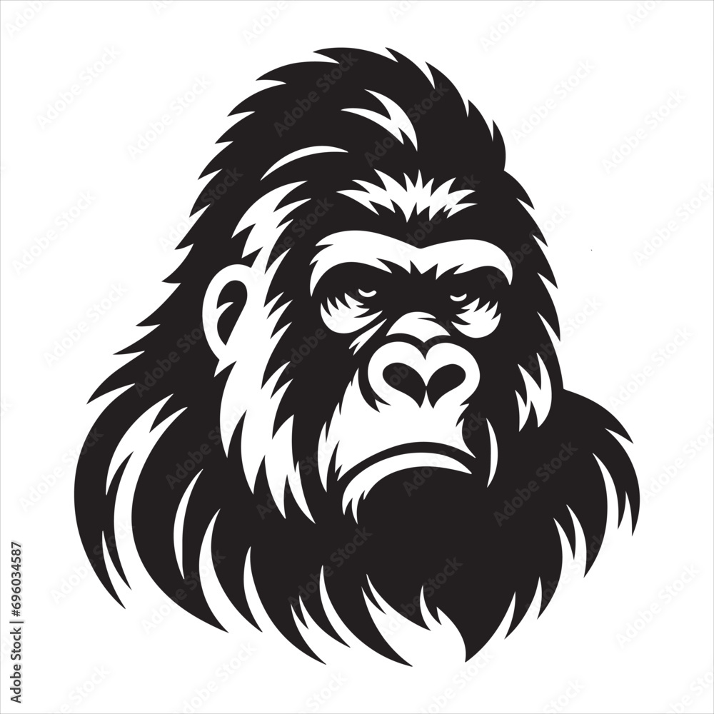 Gorilla Silhouette: Dramatic Ape Outlines, Symbolizing the Power and Grace of the Untamed - Minimallest black vector gorilla face Silhouette
