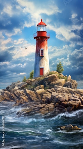 Lighthouse on a rocky shore in the waves of the ocean, tourism and sea travel, vacation on the sea or ocean