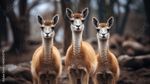 A scene depicting three vicunas standing in the zoo.