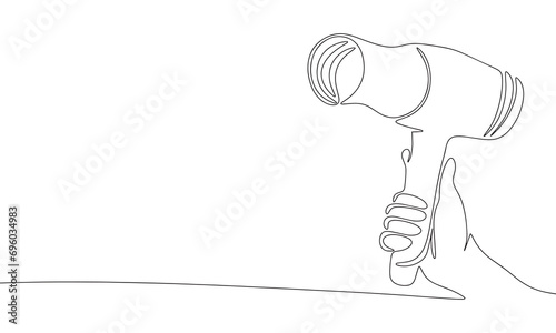 Hair dryer in hand one line continuous line. Outline line art hair dryer. Hand drawn vector art.