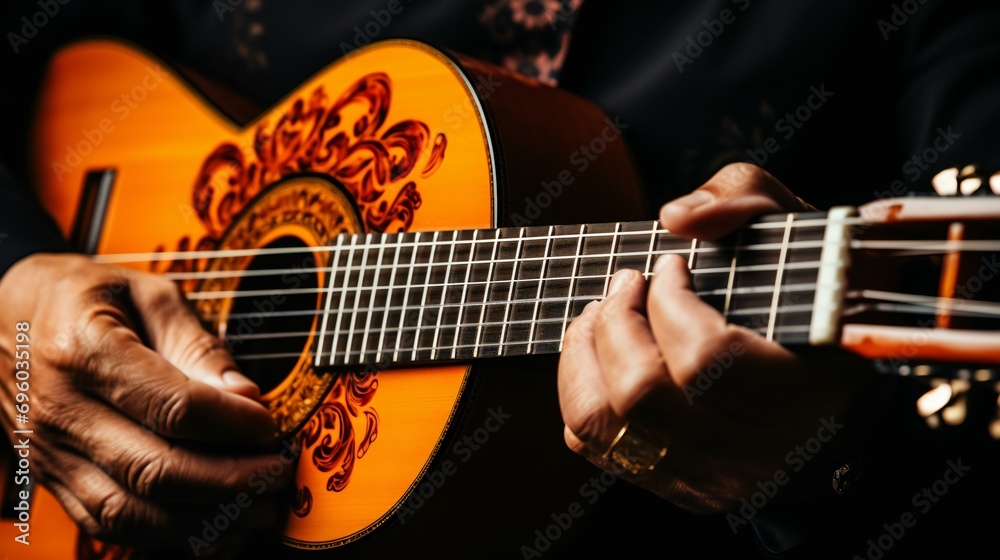 A close-up of a musician playing an acoustic guitar, showcasing the hands and strings, with a focus on the art of playing A close-up of a musician playing an acoustic guitar, showcasing the hands and strings, with a focus on the art of playing