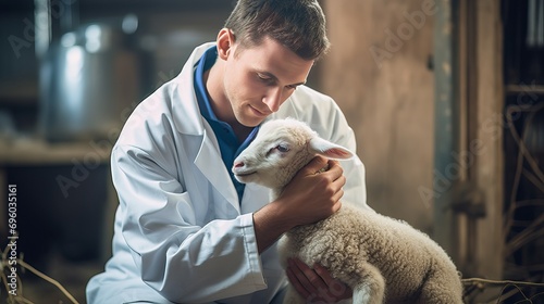 A veterinarian is caring for lambs on a sheep farm.