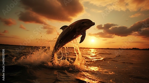 Dolphins jumping in the ocean at sunset, creating a lively and dynamic aquatic scene photo
