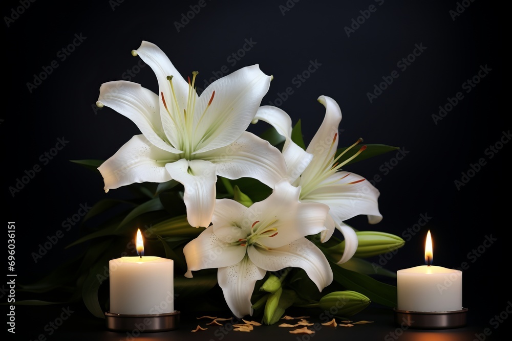 Funeral card, white lilies and burning candles on a black background Funeral card, white lilies and burning candles on a black background