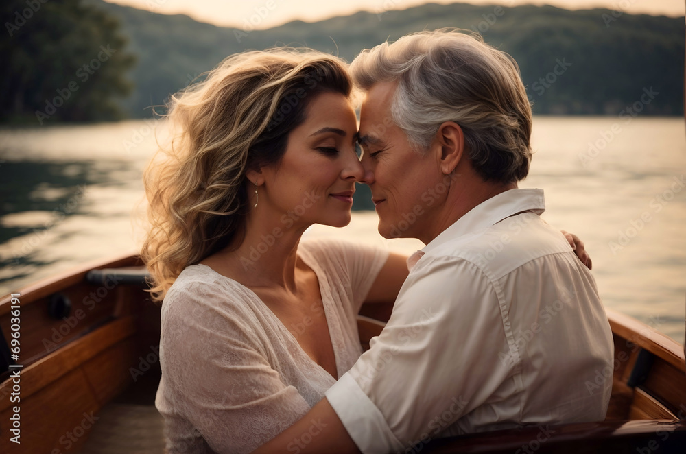 Romantic mature middle aged couple embracing in love, in a boat trip. Man and woman on a date in nature. Romantic mature middle aged couple embracing in love, in a boat trip. Man and woman on a date in nature.
