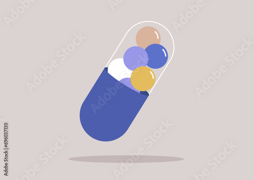 A transparent medical capsule displaying its contents through its see-through shell