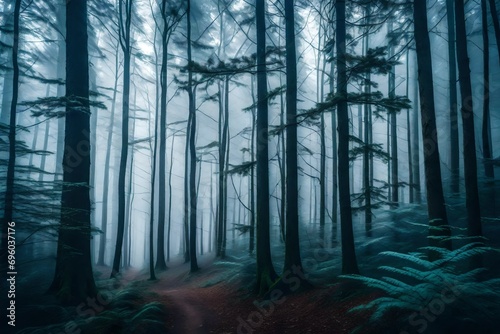 A mesmerizing view of a cold  foggy forest enveloped in an ethereal mist  where tall trees with  branches stand like sentinels