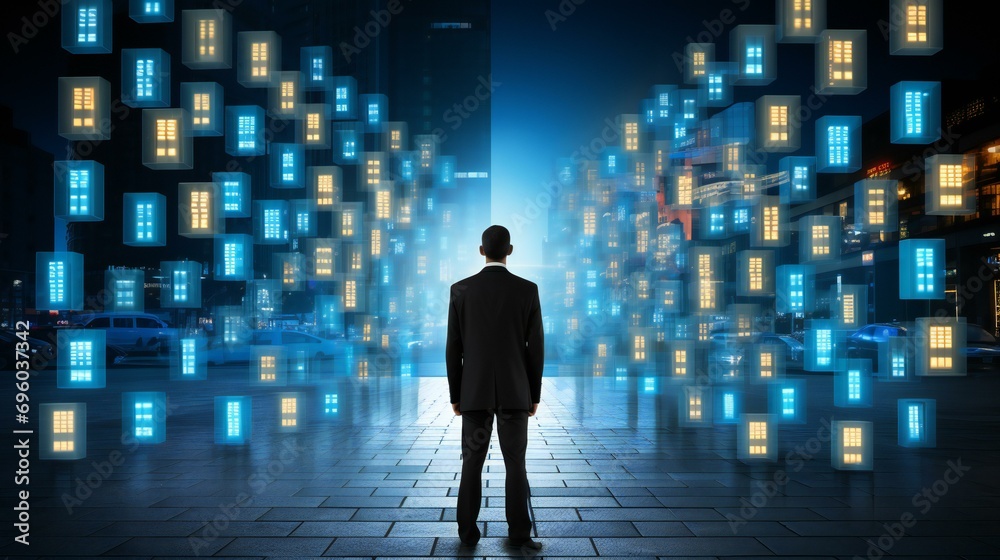 A conceptual image featuring a businessman looking towards a bright and open doorway. Symbolizes success and opportunity