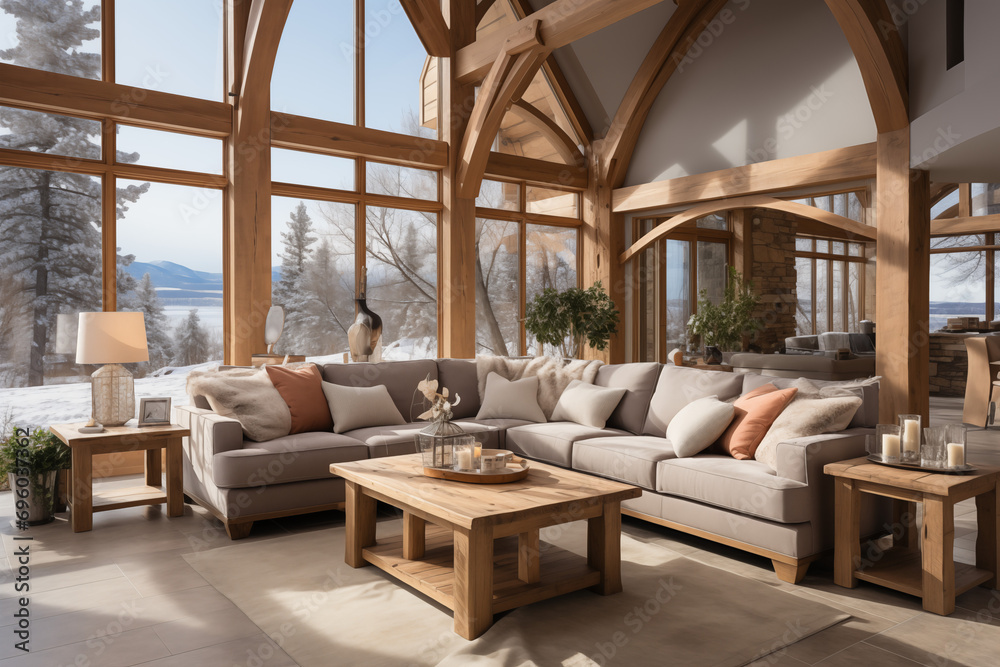 Sunlit Serenity: Bright and Airy Living Room with Expansive Windows and Natural Views