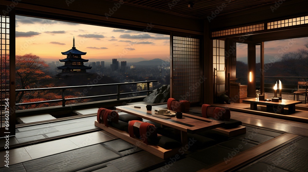 A landscape featuring a traditional Japanese temple in Kyoto during sunset. The beauty of Asian architecture and cultural heritage A landscape featuring a traditional Japanese temple in Kyoto during sunset. The beauty of Asian architecture and cultural heritage
