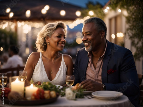 Happy and loving, diverse, middle aged couple enjoying dinner in the outdoor restaurant, having romantic date with candles in a luxury place celebrating life, valentine's day. photo